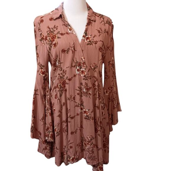 Umgee Boho Blouse Top Flare‎ Sleeves Pink Floral Cottagecore Fairy Long Tunic LG - Picture 2 of 9